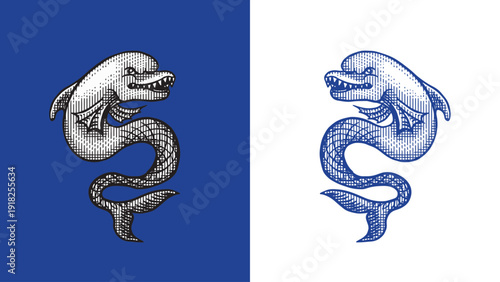 Heraldic dolphin or sea monster for coat of arms design and shield. Hand drawn engraving in old traditional medieval style, modern made element for family symbols and logo templates