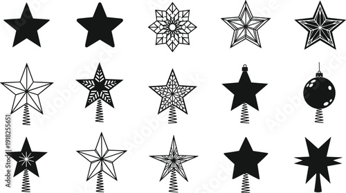 Star silhouettes collection, Christmas tree toppers set, decorative ornament shapes, festive holiday symbols, black star illustrations, isolated vector design