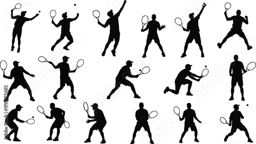Tennis player silhouettes collection, racket sports action poses, professional match play set, athletic training illustration, isolated vector design pack
