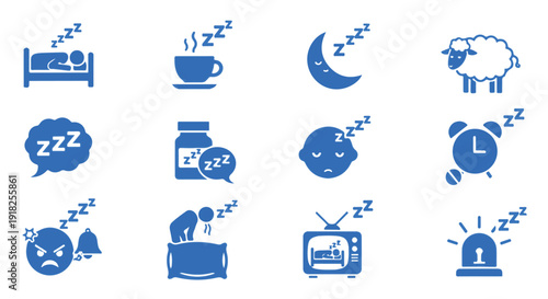 Collection of blue sleep themed icons, including bed, coffee, moon, sheep, and alarm clock, representing rest and relaxation.