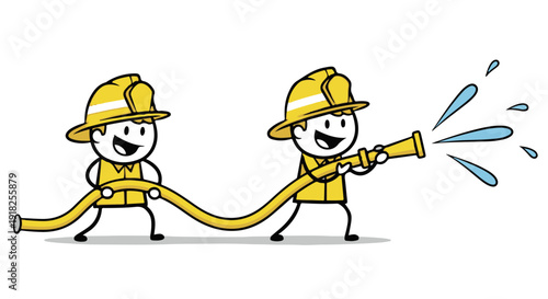 Cartoon firefighters in yellow uniforms and helmets working together to extinguish a fire with a hose on a Transparent Background.