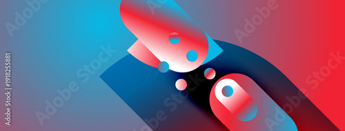 Abstract shapes blend vibrant blues, reds, purples. Dynamic composition suggests movement, energy, modern design aesthetic. Smooth gradients create depth.