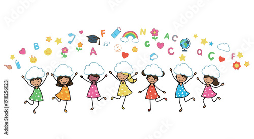 A group of happy schoolgirls jumping with thought clouds and learning icons floating above them in a colorful classroom setting.