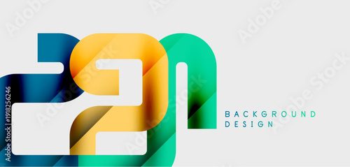 Abstract design features layered numbers, vibrant colors, modern aesthetic. Clean background enhances visual impact, simple composition.