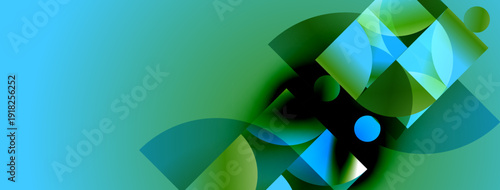 Abstract composition. Geometric shapes overlap, creating dynamic visual effect. Blue, green hues dominate design. Modern, clean aesthetic.