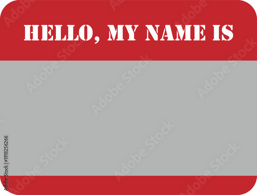 Red Hello My Name Is sticker with a customizable grey name field for identification