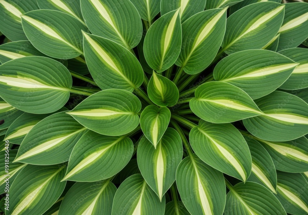 Fototapeta premium Vibrant green hosta plant leaves with white and yellow variegation macro shot