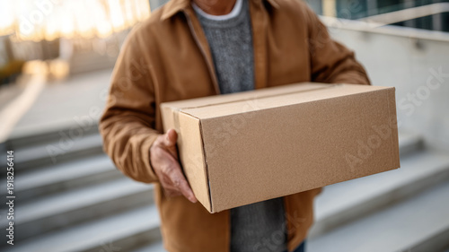 Delivery courier holding cardboard box on city stairs