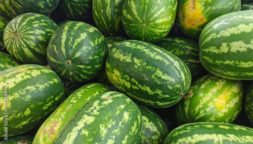 Pile of green watermelon fruits as background. 