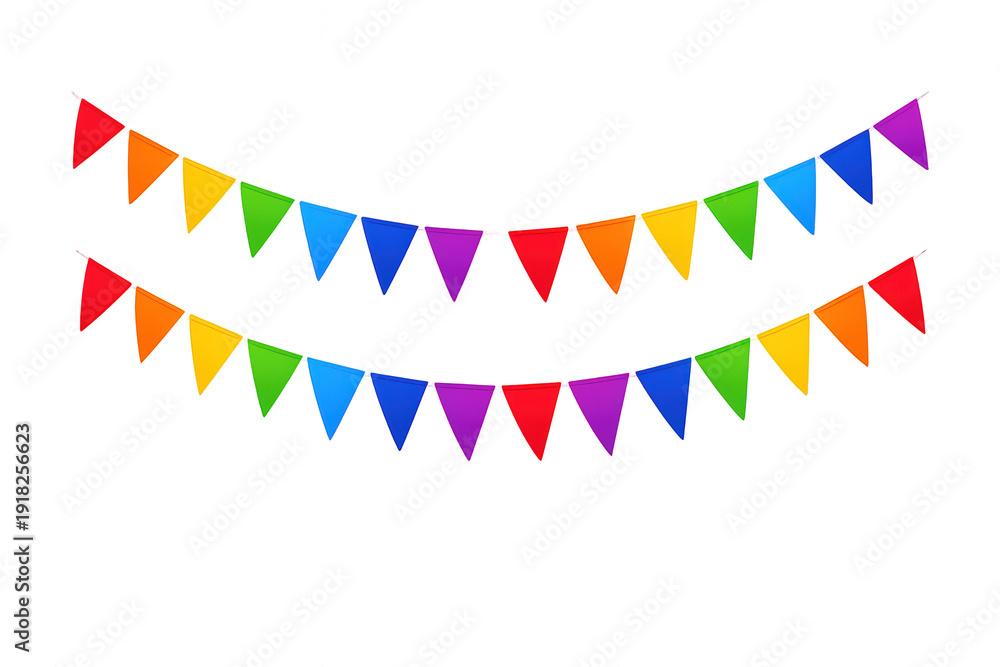 Obraz premium Rainbow bunting flags decorating a festive celebration, hanging party garland on transparent background, colorful carnival decor