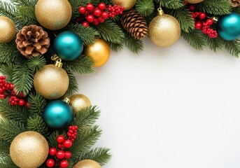 Festive christmas garland with ornaments berries pinecones and greenery corner design