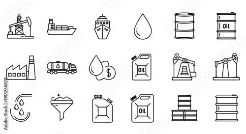 Collection of simple black line icons representing oil industry elements on Transparent Background, symbolizing energy and fuel.