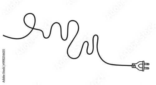 Simple black line illustration of a tangled electrical cord with a plug on a Transparent Background, representing technology and energy.