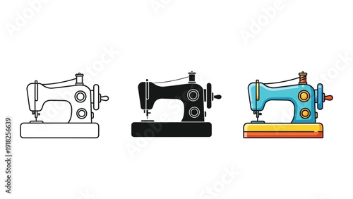 Set of three sewing machine icons, outline, silhouette and color illustration