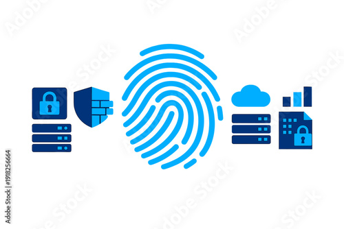 Cybersecurity and data protection concept with fingerprint biometric authentication and cloud storage icons on white background
