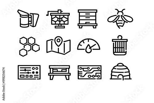 Beekeeping and apiculture icon set featuring honey bee smoker hive honeycomb and equipment for honey production and farm management