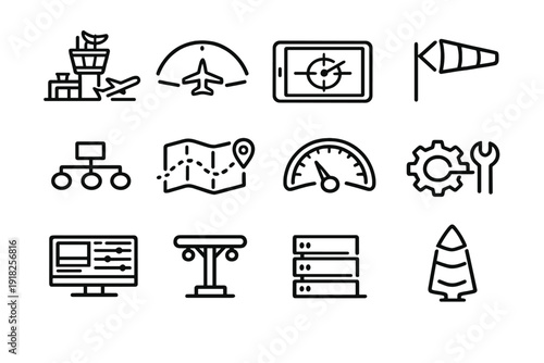 Aviation and navigation line icon set featuring airplane control tower map speedometer maintenance and technology symbols on white