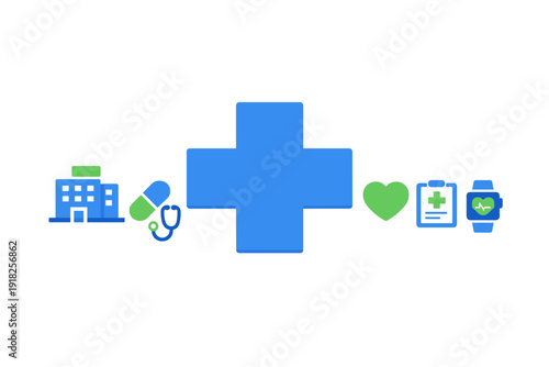 Medical and healthcare icons set including hospital building pill stethoscope heart clipboard and smartwatch on white background