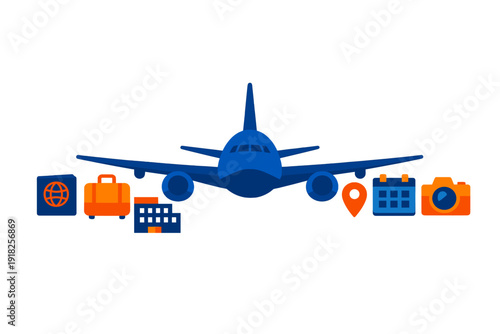 Blue airplane with travel icons including passport suitcase hotel map pin calendar and camera on white background