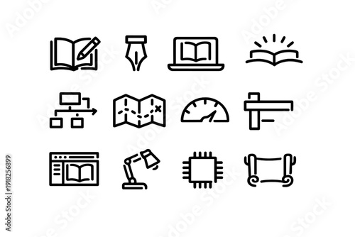 Set of education and technology line icons including book map laptop lamp and microchip on white background