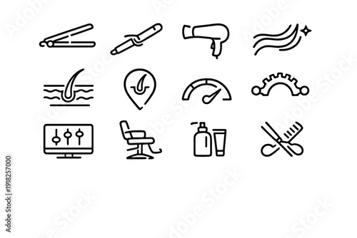 Hair salon and professional hair care line icons set featuring hair dryer scissors comb chair and styling tools for beauty industry