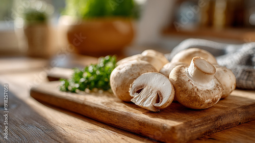 Fresh organic mushrooms on wooden cutting board in sunlit kitchen