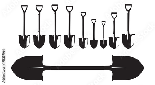 Collection of various shovels and spades in black silhouette on Transparent Background for gardening and construction.