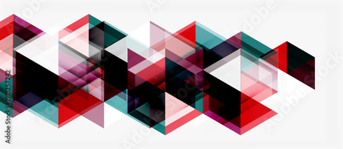 Abstract geometric pattern. Overlapping triangles create dynamic visual texture. Red, black, teal hues dominate composition. Minimalist design.