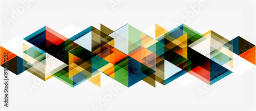 Abstract geometric pattern. Colorful triangles overlap creating dynamic visual effect. Modern design element, clean lines, bright hues.