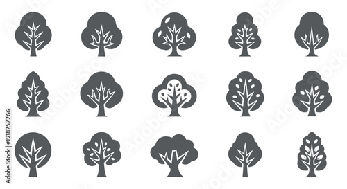 Collection of 15 minimalist tree icons in various styles on Transparent Background, perfect for eco friendly designs.