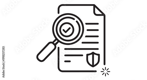 Detailed document verification icon with magnifying glass and shield symbolizing security and validation on a clean Transparent Background.