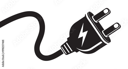 A black and white illustration of an electrical plug with a lightning bolt symbol, representing power and energy on a Transparent Background.