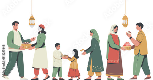 People exchanging gifts in traditional clothing under hanging lanterns hanging lights