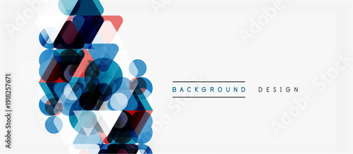 Abstract geometric shapes overlap, creating vibrant visual texture. Blue dominates with hints of red, purple, white. Modern design element.