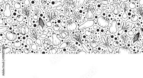 Black and white illustration of various vegetables and fruits in a seamless pattern, perfect for cooking and recipe designs.