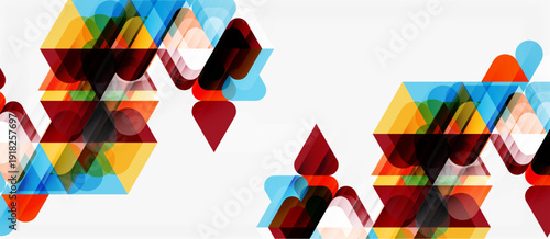 Abstract geometric shapes overlap, creating colorful patterns. Bright hues blend with transparency, forming dynamic composition.