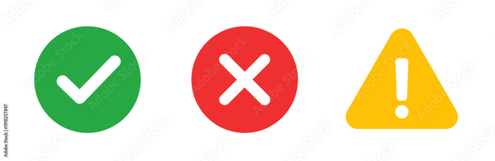 Obraz premium Success, error and warning status icon set with check mark, cross and alert triangle symbols. Solid green, red and yellow indicators for app and web interface design