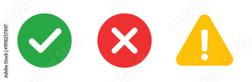 Success, error and warning status icon set with check mark, cross and alert triangle symbols. Solid green, red and yellow indicators for app and web interface design