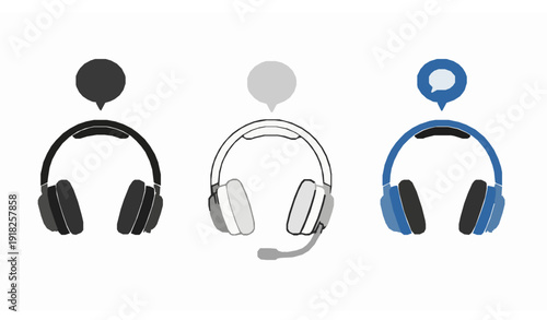 Customer support hotline headsets with speech bubbles flat vector illustration set