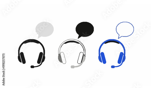 Three support headsets with speech bubbles black white and blue flat vector isolated on white