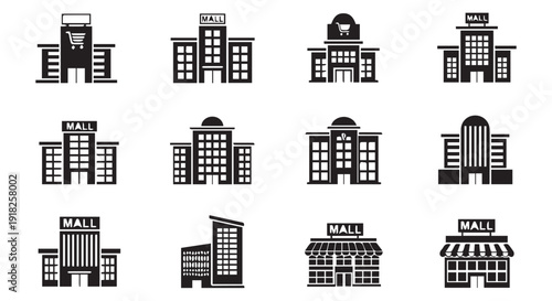 Collection of black and white shopping mall building icons on Transparent Background, ideal for retail and commerce designs.