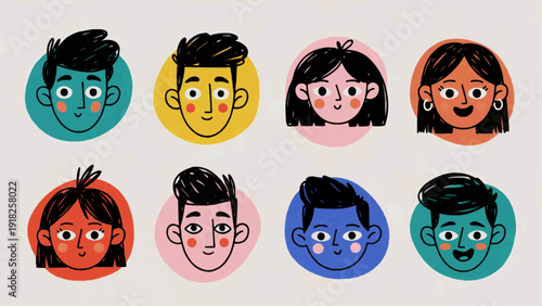 Diverse group of cartoon people faces in various colors displayed together in a grid pattern