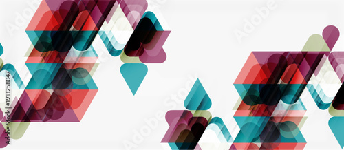 Abstract geometric shapes overlap, creating colorful patterns. Light shades dominate design, offering modern aesthetic.