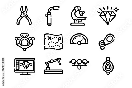 Jewelry making and gemology icon set featuring diamond design tools microscope and equipment for professional jewelers and craftspeople