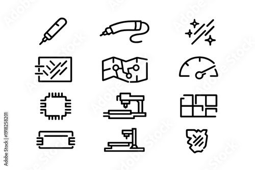Set of industrial manufacturing and engineering line icons including CNC machine microchip and technical tools for production