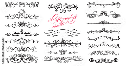 Hand drawn Calligraphy dividers and separators flourish elements. Decorative traditional swirls in art nouveau vintage style for girt cards wedding invitation and templates.