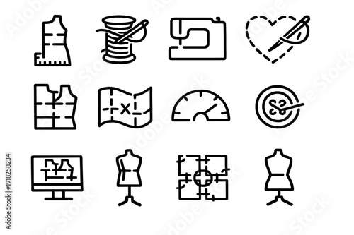 Sewing and tailoring line icons set featuring dress form mannequin sewing machine thread spool button and pattern design elements