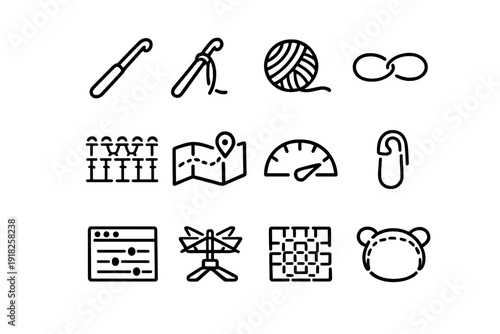 Set of crochet and knitting line icons featuring yarn ball needle hook safety pin map and pattern symbols for handmade crafts