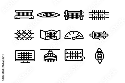 Textile manufacturing and weaving symbols featuring looms fabric patterns thread spools and industrial machinery for garment production