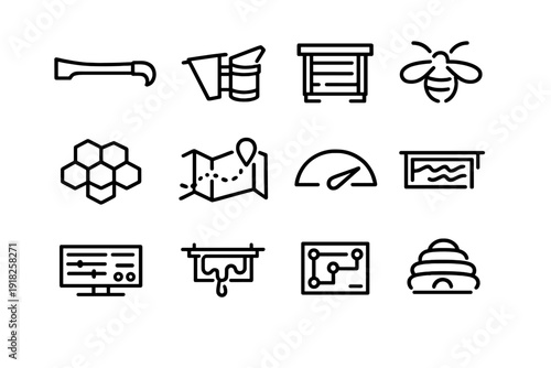 Beekeeping and honey production line icon set featuring bee hive tools smoker honeycomb and digital monitoring symbols for apiary management